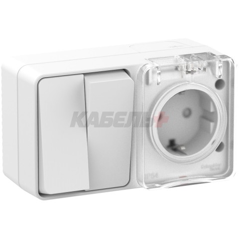 ATLASDESIGN PROFI IP54 О/У БЛОК: РОЗЕТКА с заземл. со шт., 16А, ВЫКЛЮЧАТЕЛЬ 2-клав., 10АХ, БЕЛЫЙ