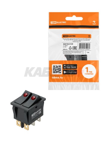 KCD3-221N/D 250В AC/DC, 1P, 15А, (6с), ON-OFF, черный с красной точечной LED подсветкой TDM