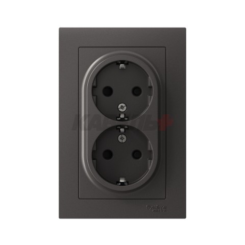 ATLASDESIGN РОЗЕТКА двойная с заземлением со шторками, 16А, в сборе, БАЗАЛЬТ