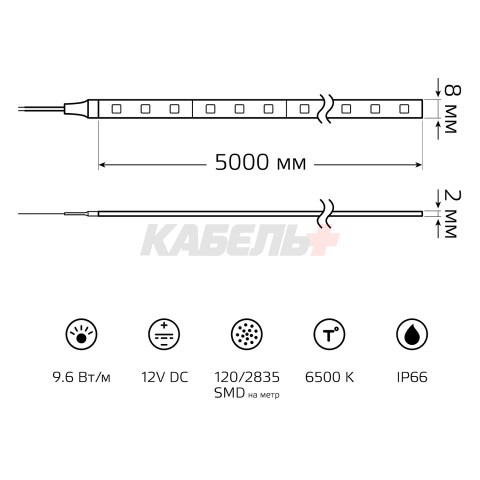 Лента Gauss LED 2835/120-SMD 9.6W  12V DC холодный белый IP66 (блистер 5м)