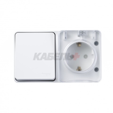 ATLASDESIGN PROFI IP54 О/У БЛОК: РОЗЕТКА с заземл. со шт., 16А, ВЫКЛЮЧАТЕЛЬ 1-клав., 10АХ, БЕЛЫЙ