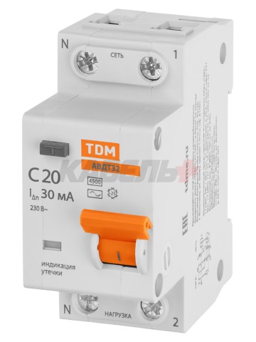 АВДТ 32 2P(1P+N) C20 30мА 4,5кА тип АС - Дифавтомат TDM