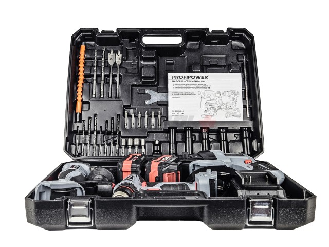 Аккумуляторный бесщеточный E0247 НАБОР 3в1 PROFIPOWER ProfiSet-3E18 (Li-ion-2шт, 4Ач, З/У, кейс, E0080,T0056, T0058)