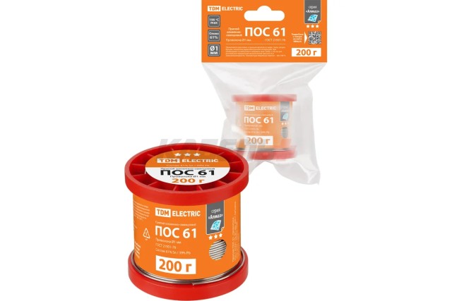 Припой ПОС 61, проволока, ГОСТ 21931-76, Ø1 мм, 200 г, катушка, инд. упак., "Алмаз" TDM