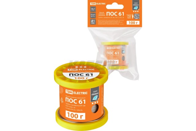 Припой ПОС 61, трубка с канифолью, ГОСТ 21931-76, Ø1 мм, 100 г, катушка, инд. упак., "Алмаз" TDM