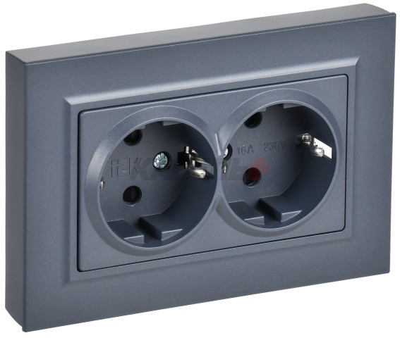 BRITE Розетка 2-местная с заземлением с защитными шторками плоская 16А в сборе РСшПл12-3-БрМ маренго IEK