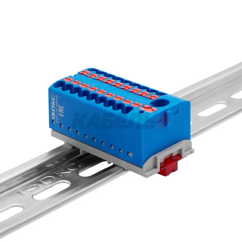 Блок распределительный с верт. адаптером на рейки шириной 15/35мм, зажим push-in, 1 ввод 6 кв.мм, 18 точек подключения 2,5 кв.мм, синий DKC