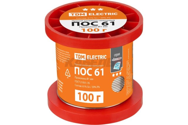 Припой ПОС 61, проволока, ГОСТ 21931-76, Ø1 мм, 100 г, катушка, инд. упак., "Алмаз" TDM