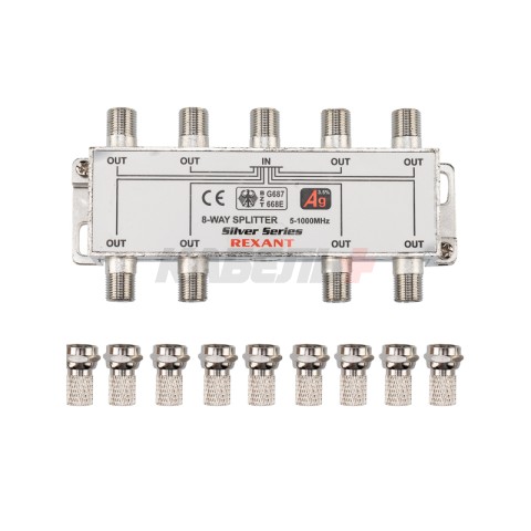 Делитель ТВх8 под F-разъем, 5-1000МГц, Silver (9 F-разъемов в комплекте) REXANT