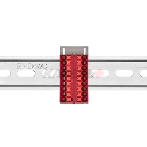 Блок распределительный с верт. адаптером на рейки шириной 15/35мм, зажим push-in, 18 точек подключения 2,5 кв.мм, красный DKC