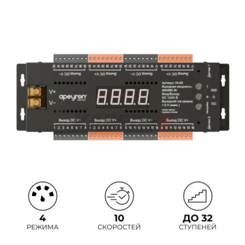 04-63 Контроллер для лестницы, 12В/24В, 480/960Вт, 32CH*1,5А, IP20, 199х63х22,5, 4 реж., 10 скор., черный