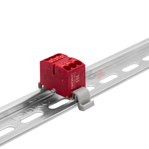 Блок распределительный с гориз. адаптером на рейку шириной 35мм, зажим push-in, 6 точек подключения 2,5 кв.мм, красный DKC