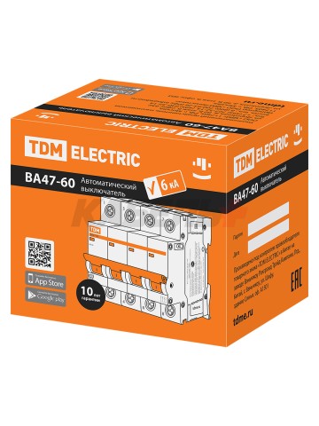 Автоматический выключатель ВА47-60 4Р 10А 6кА х-ка С TDM