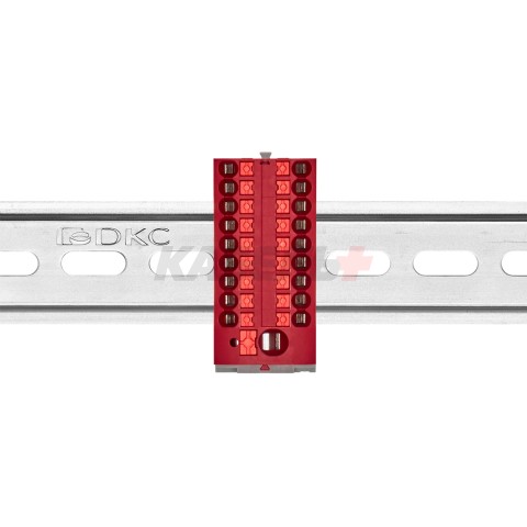 Блок распределительный с верт. адаптером на рейки шириной 15/35мм, зажим push-in, 1 ввод 6 кв.мм, 18 точек подключения 2,5 кв.мм, красный DKC