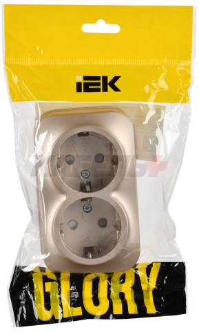 GLORY Розетка 2-местная для открытой установки с заземлением с защитными шторками 16А РСш22-3-ХШм шампань матовый IEK