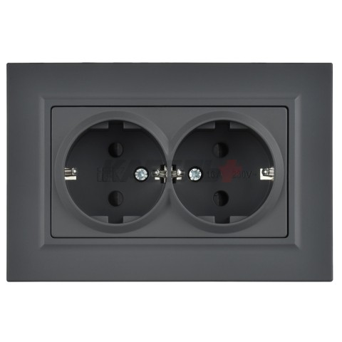 BRITE Розетка 2-местная с заземлением с защитными шторками плоская 16А в сборе РСшПл12-3-БрГ графит IEK