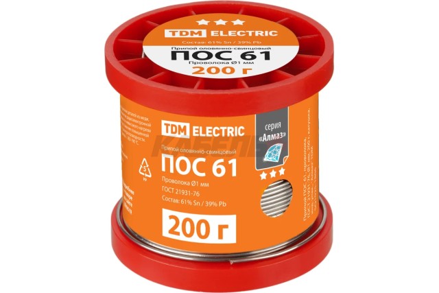 Припой ПОС 61, проволока, ГОСТ 21931-76, Ø1 мм, 200 г, катушка, инд. упак., "Алмаз" TDM