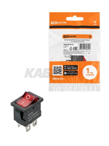 KCD1-201N 250В AC/DC, 2P, 6А, (4с), ON-OFF, черный корпус, красная клавиша, с LED подсв., Mini TDM