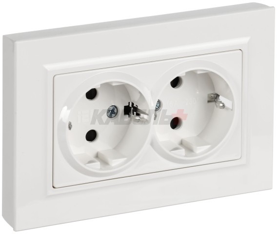 BRITE Розетка 2-местная с заземлением с защитными шторками плоская 16А в сборе РСшПл12-3-БрБ белый IEK