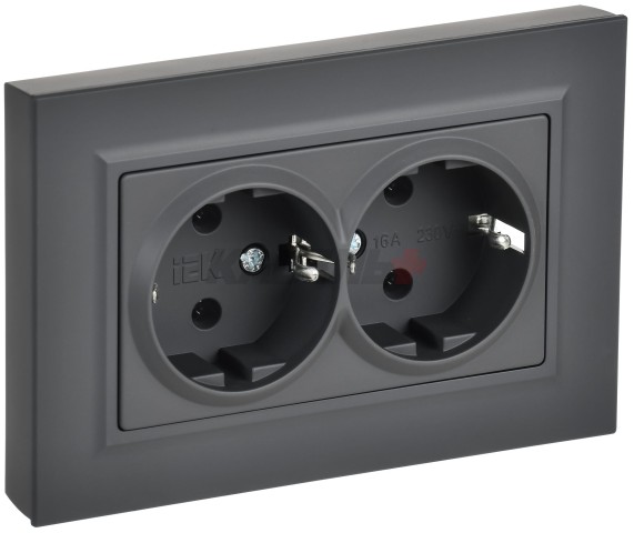 BRITE Розетка 2-местная с заземлением без защитных шторок плоская 16А в сборе РСПл12-3-БрГ графит IEK