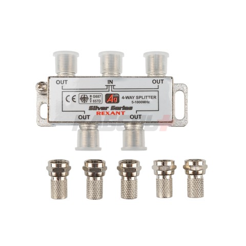 Делитель ТВх4 под F-разъем, 5-1000МГц, Silver (5 F-разъемов в комплекте) REXANT