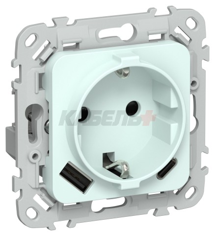 FLITE Розетка 1-местная с заземлением с защитными шторками 16А с USB A+C 20Вт РСЮшс11-0-ФлХЛ холодный лед IEK