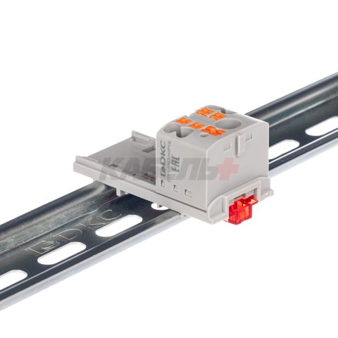 Блок распределительный с верт. адаптером на рейки шириной 15/35мм, зажим push-in, 1 ввод 6 кв.мм, 4 точки подключения 2,5 кв.мм, серый DKC