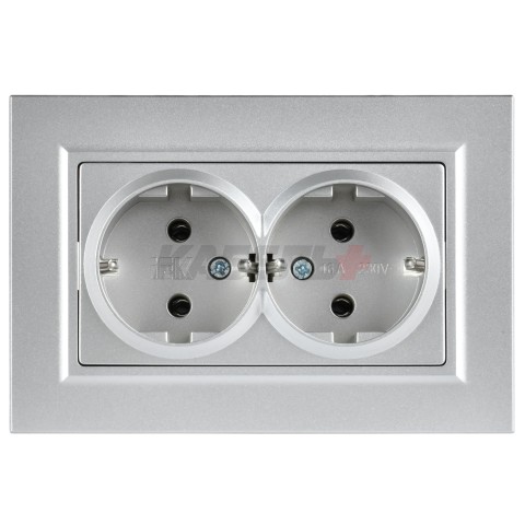 BRITE Розетка 2-местная с заземлением без защитных шторок плоская 16А в сборе РСПл12-3-БрА алюминий IEK