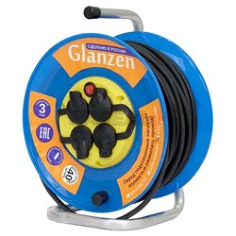 Удлинитель силовой на катушке GLANZEN с выкл. 4 гн. КГ 3х1,5 IP44 арт. EB-40-009 (УЦЕНКА)