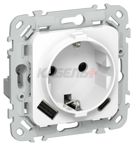 FLITE Розетка 1-местная с заземлением с защитными шторками 16А с USB A+C 20Вт РСЮшс11-0-ФлБ белый IEK