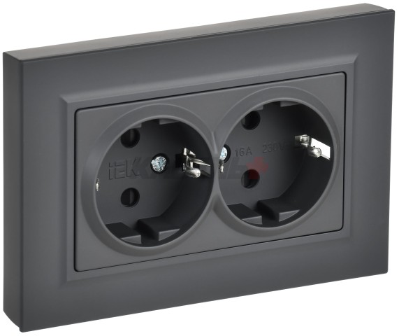 BRITE Розетка 2-местная с заземлением с защитными шторками плоская 16А в сборе РСшПл12-3-БрГ графит IEK