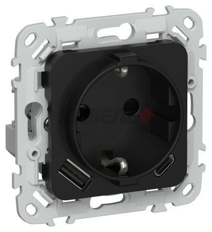 FLITE Розетка 1-местная с заземлением с защитными шторками 16А с USB A+C 20Вт безвинтовое крепление РСЮшс11-1-ФлЧ черный IEK