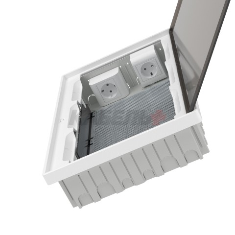 Щиток 36 мод встраиваемый для полых стен слаботочный FRAME, белый, с тонированной дверцей, с монтажной платой, в комплекте с 2 розетками Viva (арт. 45005) и 2 коробками PDD (арт. 10033) DKC