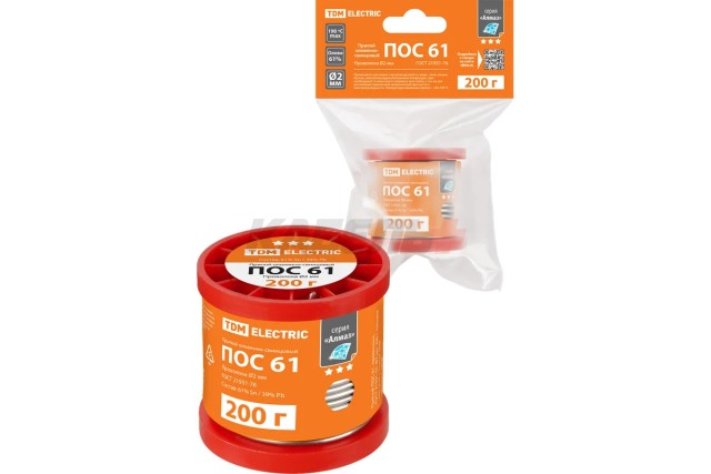 Припой ПОС 61, проволока, ГОСТ 21931-76, Ø2 мм, 200 г, катушка, инд. упак., "Алмаз" TDM