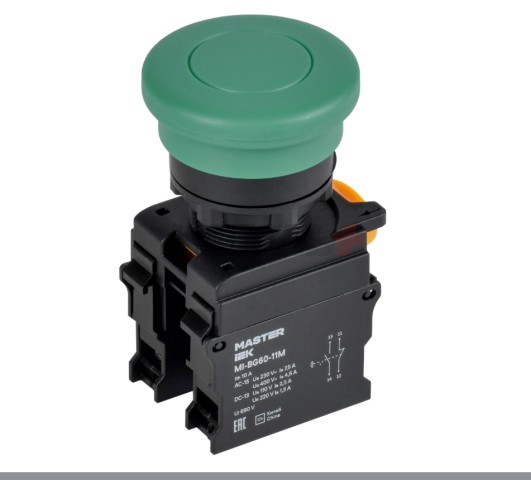 Кнопка "Грибок" без фиксации d=22мм 1NO+1NC зелёная MASTER IEK