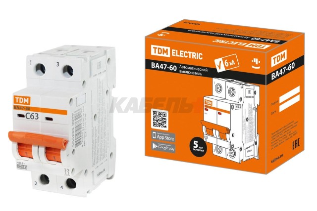 Автоматический выключатель ВА47-60 2Р 63А 6кА х-ка С TDM