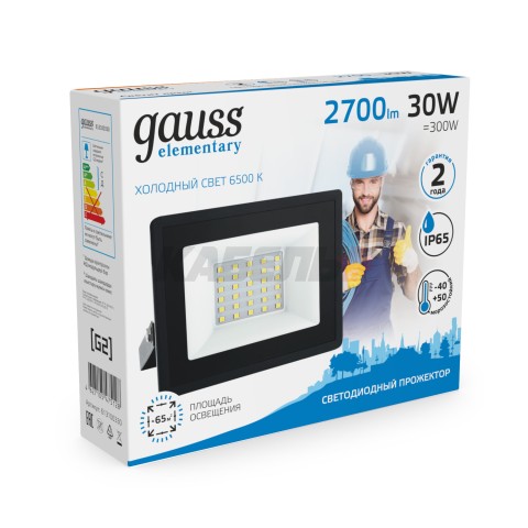 Прожектор светодиодный Gauss Elementary G2 30W 2700lm IP65 6500К черный 1/48