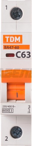 Автоматический выключатель ВА47-60 1Р 63А 6кА х-ка С TDM
