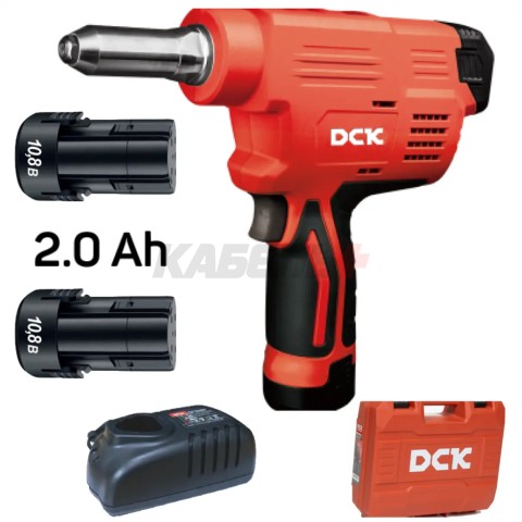 Заклепочник ручной аккум. DCK KDPM50, 10.8в, 2*2а/ч, 10000н, 2,4-5мм.