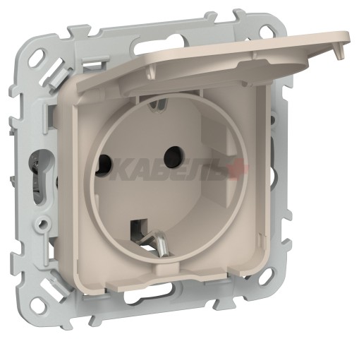 FLITE Розетка с заземлением с защитными шторками и крышкой безвинтовое крепление 16А IP44 РСшкр11-1-44-ФлЛ льняной IEK
