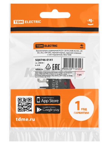 KCD1-201N 250В AC/DC, 2P, 6А, (4с), ON-OFF, черный корпус, красная клавиша, с LED подсв., Mini TDM