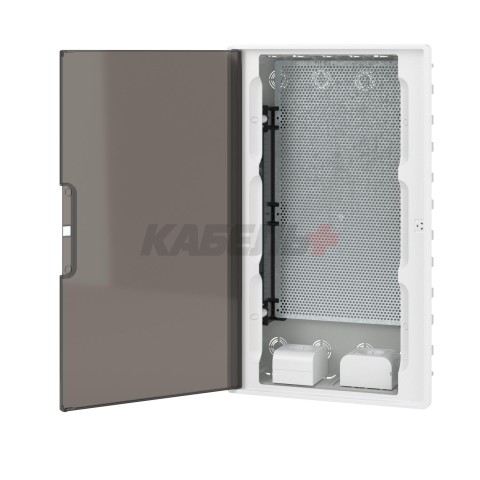 Щиток 36 мод встраиваемый для полых стен слаботочный FRAME, белый, с тонированной дверцей, с монтажной платой, в комплекте с 2 розетками Viva (арт. 45005) и 2 коробками PDD (арт. 10033) DKC