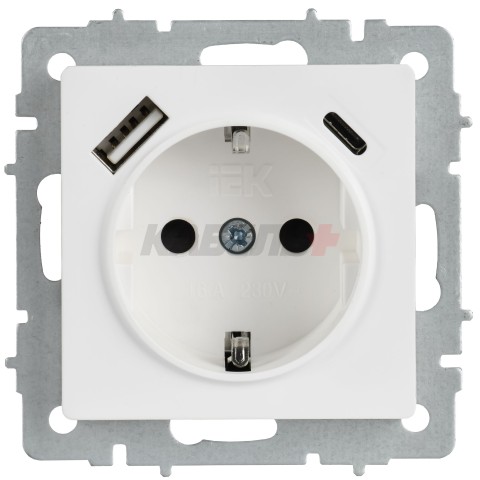 BRITE Розетка 1-местная с заземлением с защитными шторками 16А с USB A+C 18Вт РЮш11-1-БрАБ арктический белый IEK