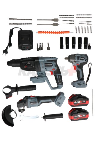 Аккумуляторный бесщеточный НАБОР 3в1 УШМ MKDGA-18V, гайковерт MKDTW-18V, перфоратор MKDHR-18V (Li-ion-2шт 18В, 4.0Ач, З/У)