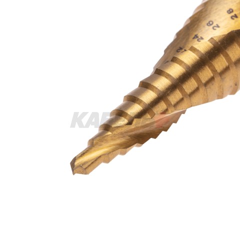 Сверло ступенчатое, 6-8-10-12-14-16-18-20-22-24-26-28-30мм, Р6М5, ТИТАН, трехгр.хвостовик KRANZ