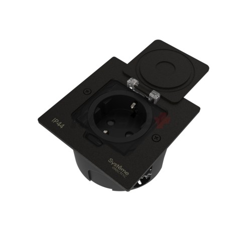 MultiDesk Лючок с розеткой 2К+З, 16А/250В, IP44 с монтажной коробкой для стены, фальшпола, стола Чёр