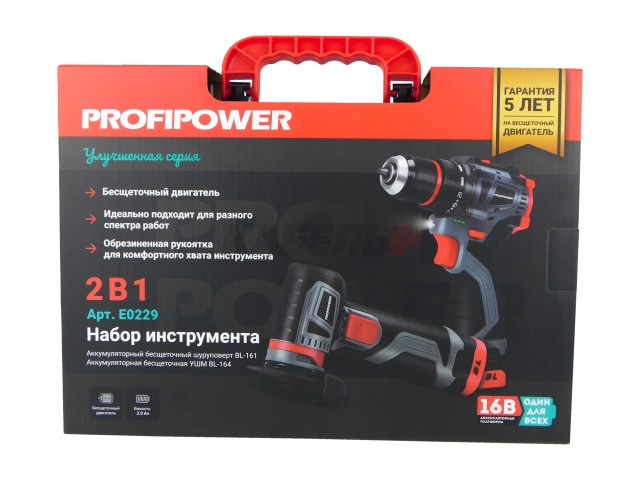 Аккумуляторный бесщеточный НАБОР 2в1 ProfiSet 2B16 (Li-ion 2шт, 2.0Ач, З/У, в кейсе, E0210, E0245)