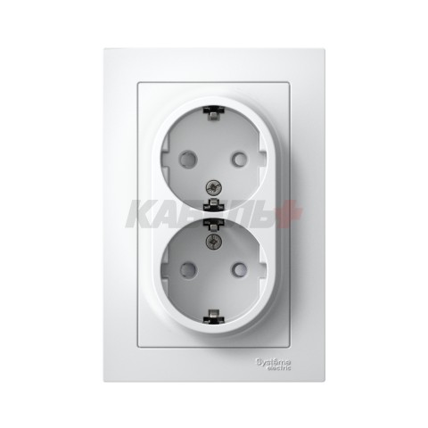 ATLASDESIGN РОЗЕТКА двойная с заземлением со шторками, 16А, в сборе, БЕЛЫЙ