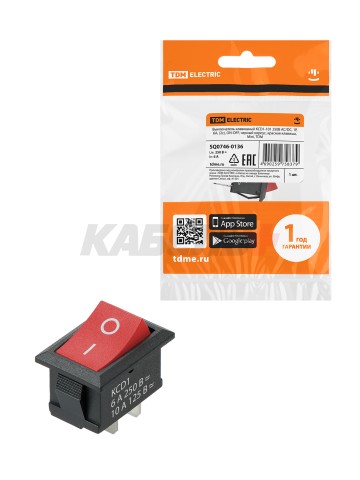 KCD1-101 250В AC/DC, 1P, 6А, (2с), ON-OFF, черный корпус, красная клавиша, Mini TDM