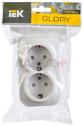 GLORY Розетка 2-местная для открытой установки с заземлением с защитными шторками 16А РСш22-3-ХБ белый IEK